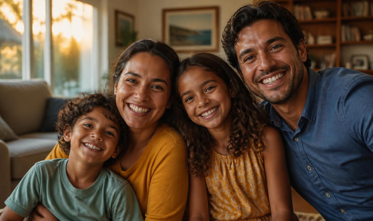 Família reunida e sorrindo em casa, transmitindo segurança e tranquilidade